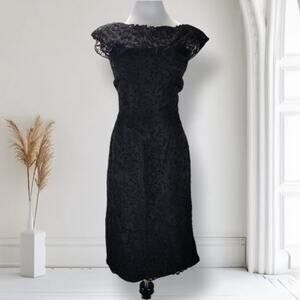 Vintage 50s Boat Neck Cocktail Dress Size 6 Black Embroidered Knee Length